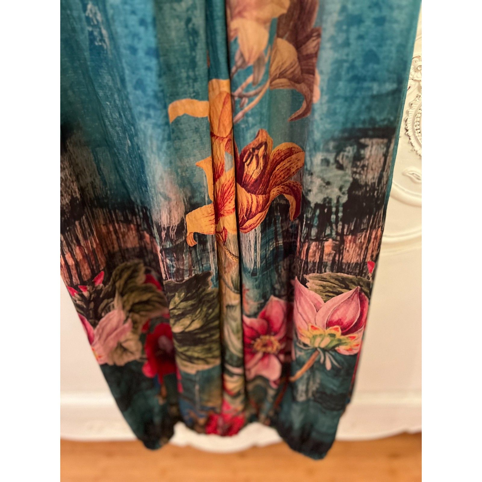 Morimiss Teal Floral Boho Maxi Dress Long Sleeve Empire Waist O/S Nwt — image 7 of 8